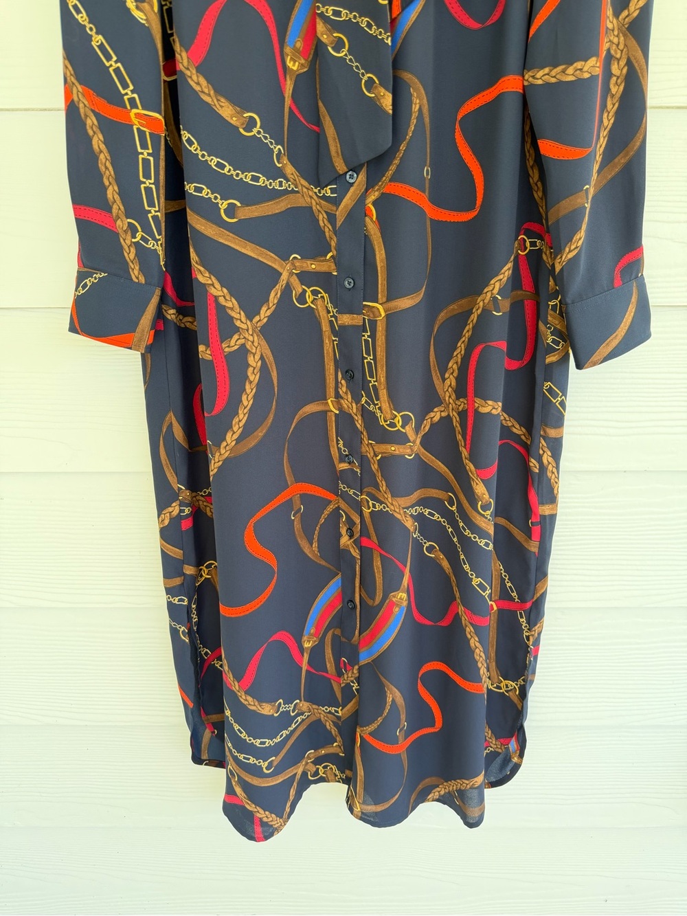 Ralph Lauren Georgette Equestrian Chain Print Tie Neck Midi Dress Navy 14 - Picture 5 of 11